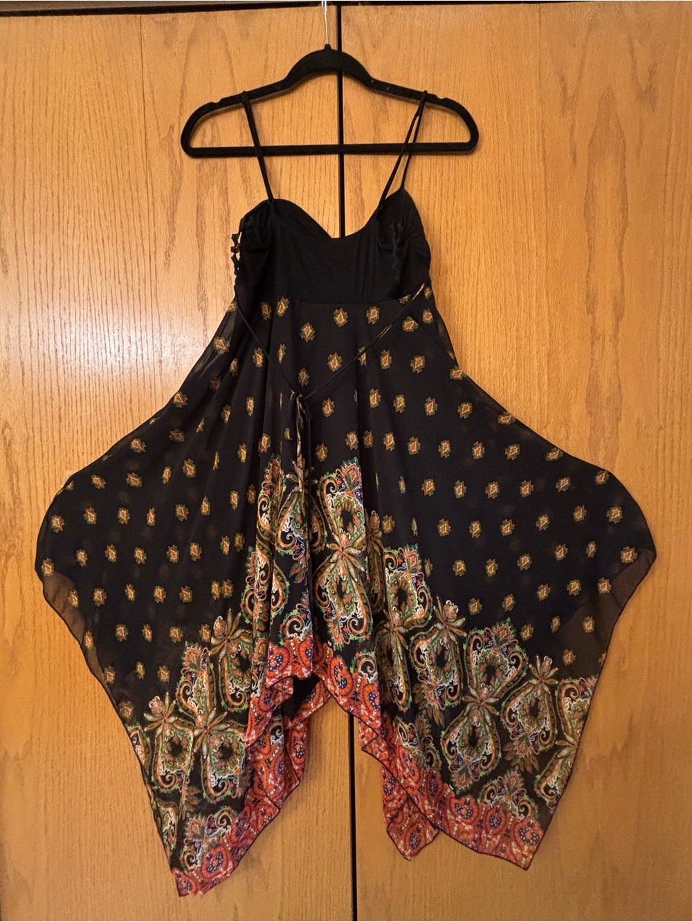 Black Paisley Asymmetrical Handkerchief Hem Spaghetti Strap Dress